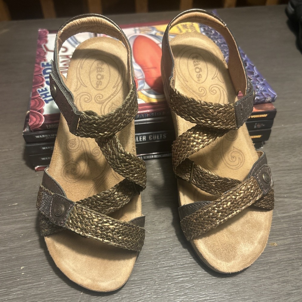 Taos Trulie Sandals Bronze Metallic Braided Leather Strappy Wedge Women's 5-5.5
